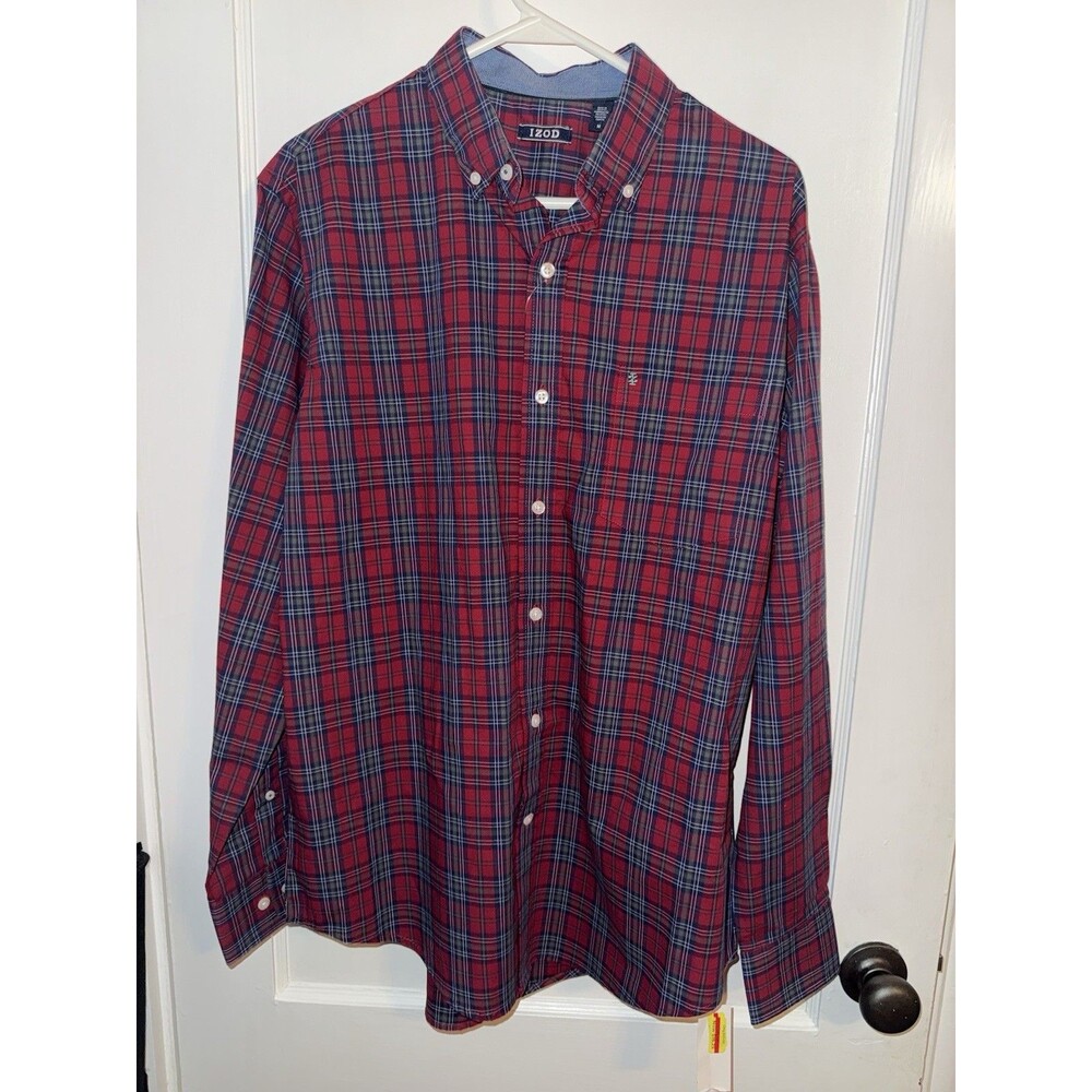 NWT Izod Mens Size M Red Blue Plaid Long Sleeve Button Down Shirt